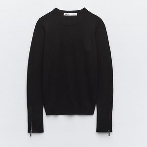 ZARA Zippered Crewneck Knit Sweater - Black - Small